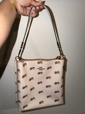 COACH Cream Shoulder Bag with Pink Strawberry Print